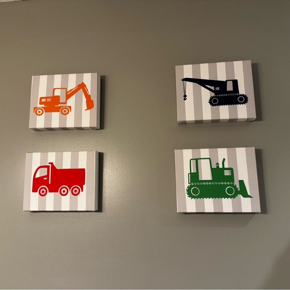 Construction Vehicle Wall Art Set - Red, Orange, Green, Black